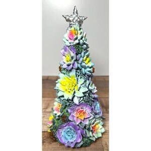 Faux Succulent Christmas Tree Colorful Hens and Chicks Pinecones Resin Tabletop